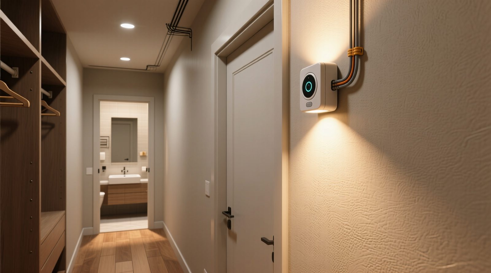 Overhead diagram showing optimal motion sensor placement inside a standard reach-in closet: centered 6 inches above the top shelf, angled downward 15 degrees to wash light across the floor path—not the hanging rods or mirror