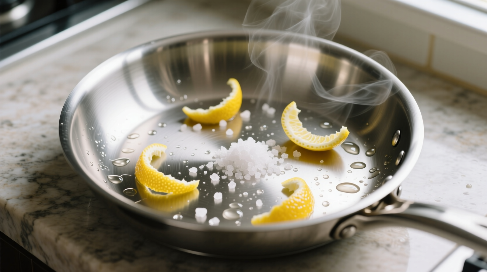 Close-up photo showing hand rubbing lemon rind vertically along brushed stainless steel grain, followed by immediate buffing with folded blue microfiber cloth—both actions aligned precisely with visible linear texture