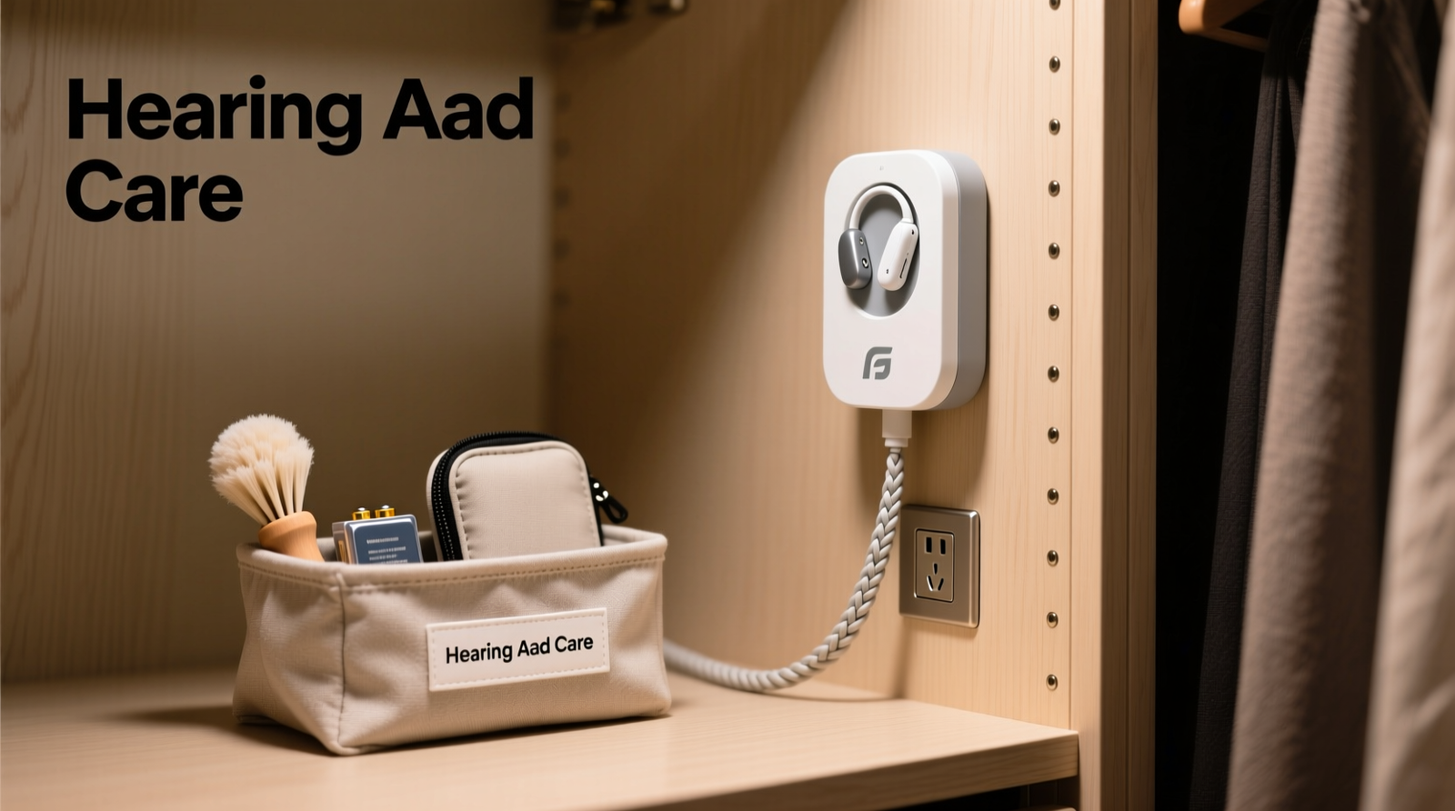 Close-up photo of a standard reach-in closet interior showing a compact hearing aid charging station mounted vertically on the right side panel, with a neatly braided cord running downward into a discreet outlet mounted flush in the baseboard trim. A shallow, labeled fabric bin sits directly below, holding a cleaning brush, battery pack, and soft pouch.