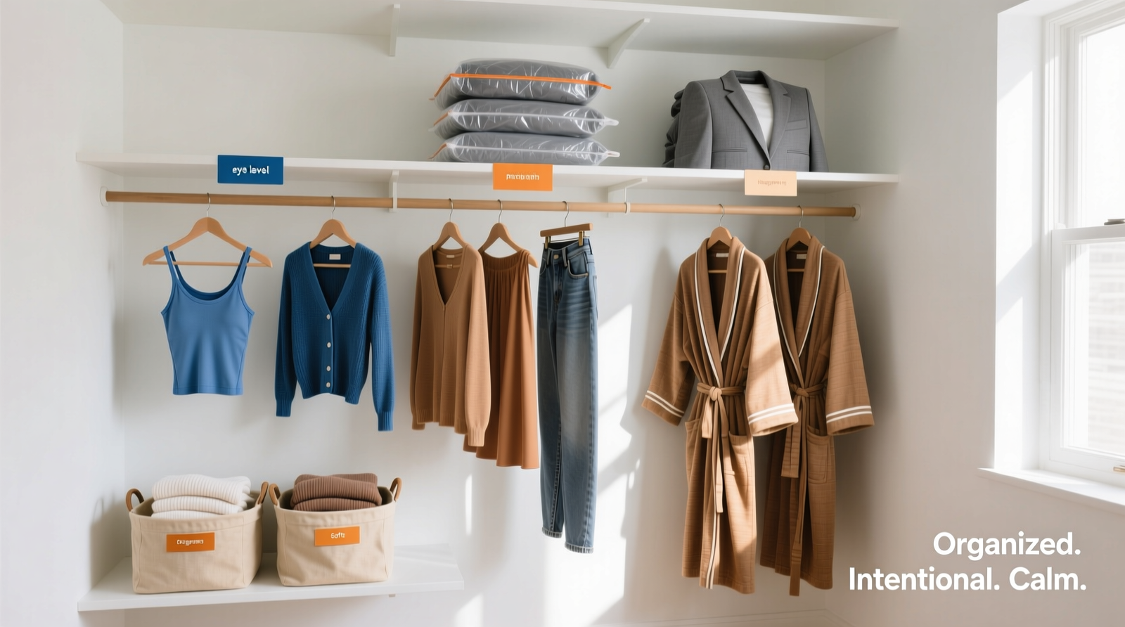 A well-lit walk-in closet showing three clearly defined vertical zones: top shelf with folded nursing tanks in neutral linen bins, middle section with two parallel rows of hangers (S-hook suspended lower row holding flowy maternity tops beside fitted pre-pregnancy blouses), and bottom row with three shallow, charcoal-gray pull-out bins labeled 'Nursing Access Only'—each containing a rolled nursing cover, silicone breast pads, and a soft cotton wrap.