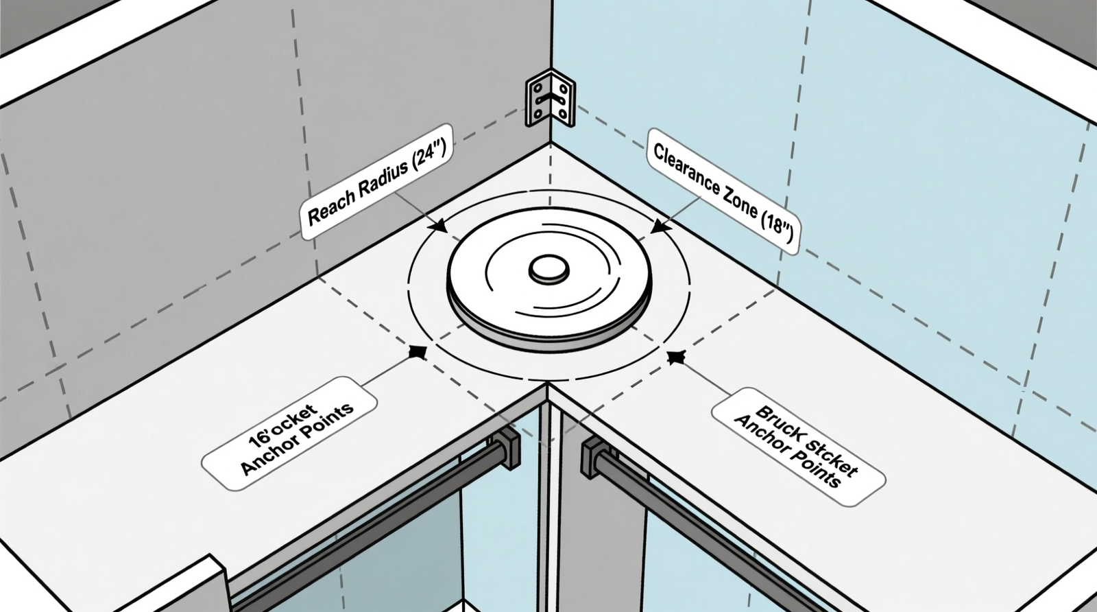 Overhead diagram showing a triangular closet corner with a 14-inch rotating lazy susan centered at the apex, labeled with reach radii, clearance zones, and mounting bracket placement on stud lines