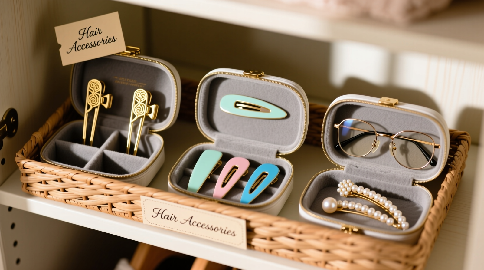 Top-down photo of three open eyeglass cases: one holding gold hair clips vertically in felt-lined compartments, one with pastel enamel barrettes lying flat, and one with pearl-embellished barrettes angled gently to showcase their detailing—each case placed neatly inside a labeled woven basket on a closet shelf.