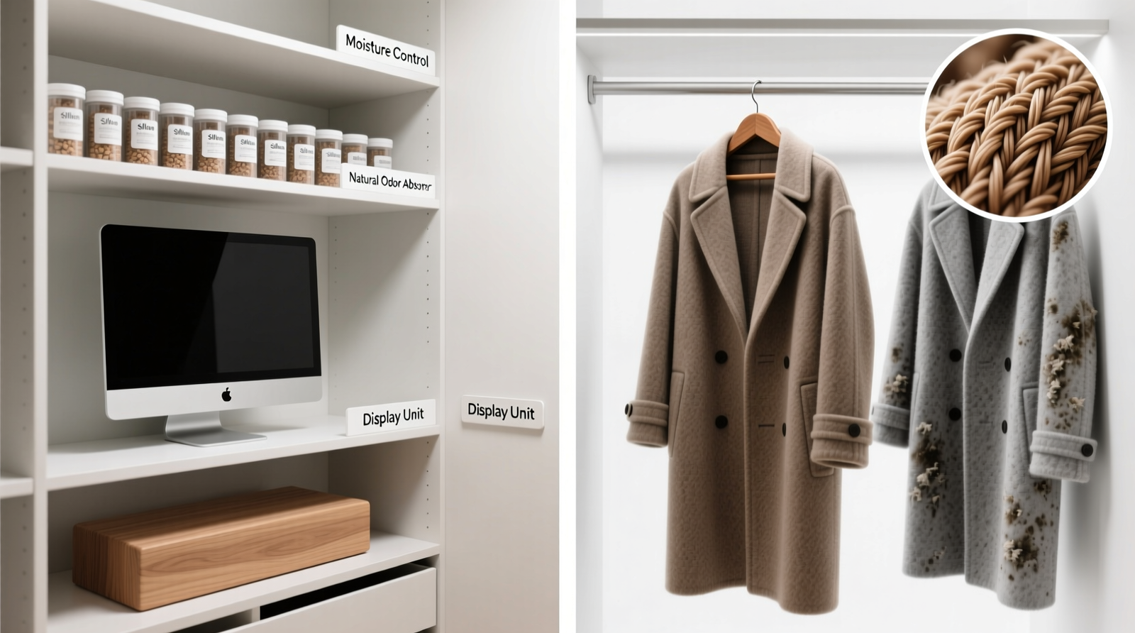 Side-by-side visual showing a closet with labeled zones: top shelf (silica gel canisters), mid-rail (monitor mounted on side wall), bottom shelf (cedar block), and hanging wool coat with inset magnified view of intact fiber structure versus adjacent coat with visible pilling and discoloration