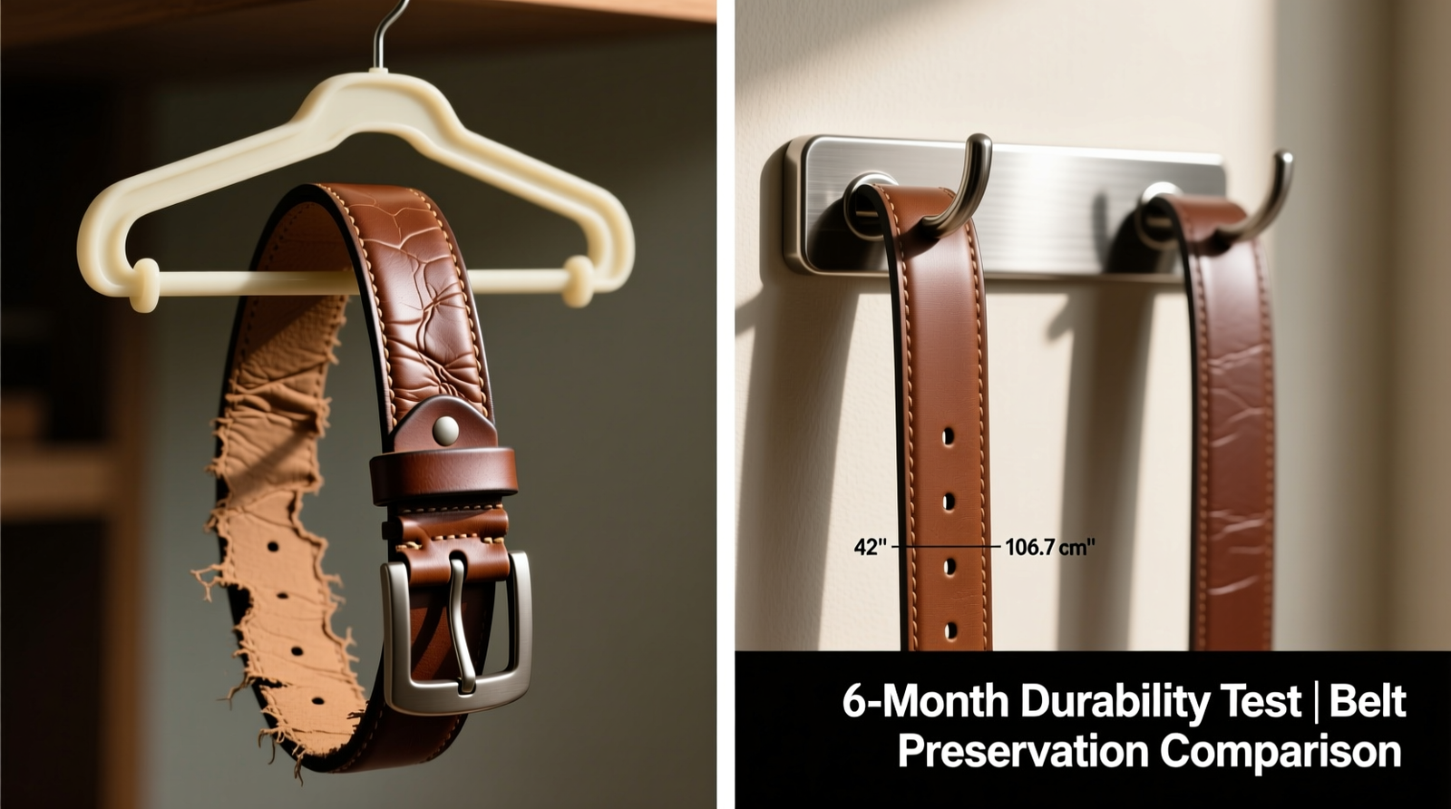 Side-by-side comparison: left shows a leather belt stretched and warped after six months on a standard clip hanger; right shows identical belt preserved flat and supple after same duration on wide-looped stainless steel wall hooks mounted at 42-inch height