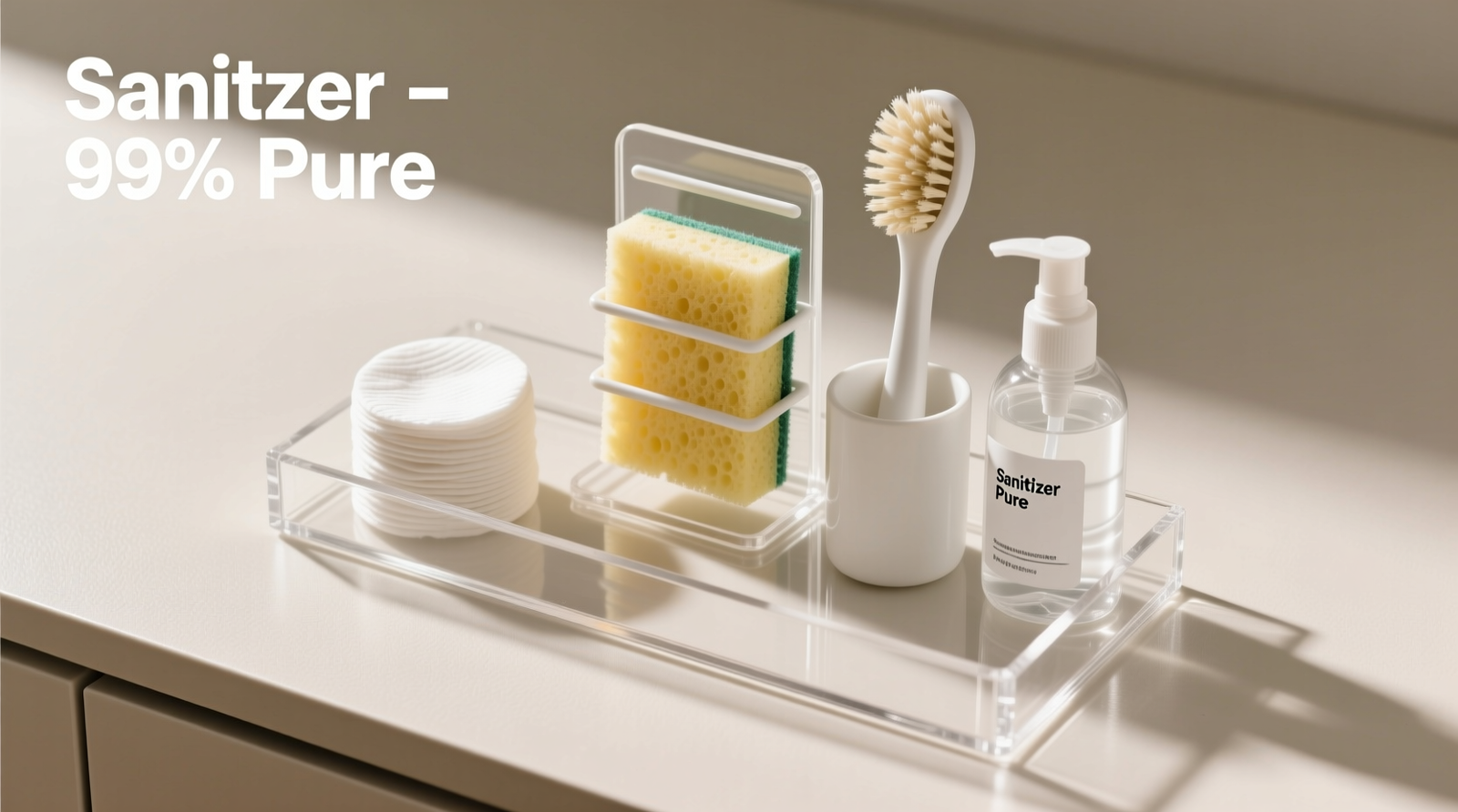 Top-down photo of a shallow acrylic drawer organizer holding vertical sponge drying rack, upright brush holder, and labeled sanitizer spray bottle beside cotton rounds—clean, minimalist, functional
