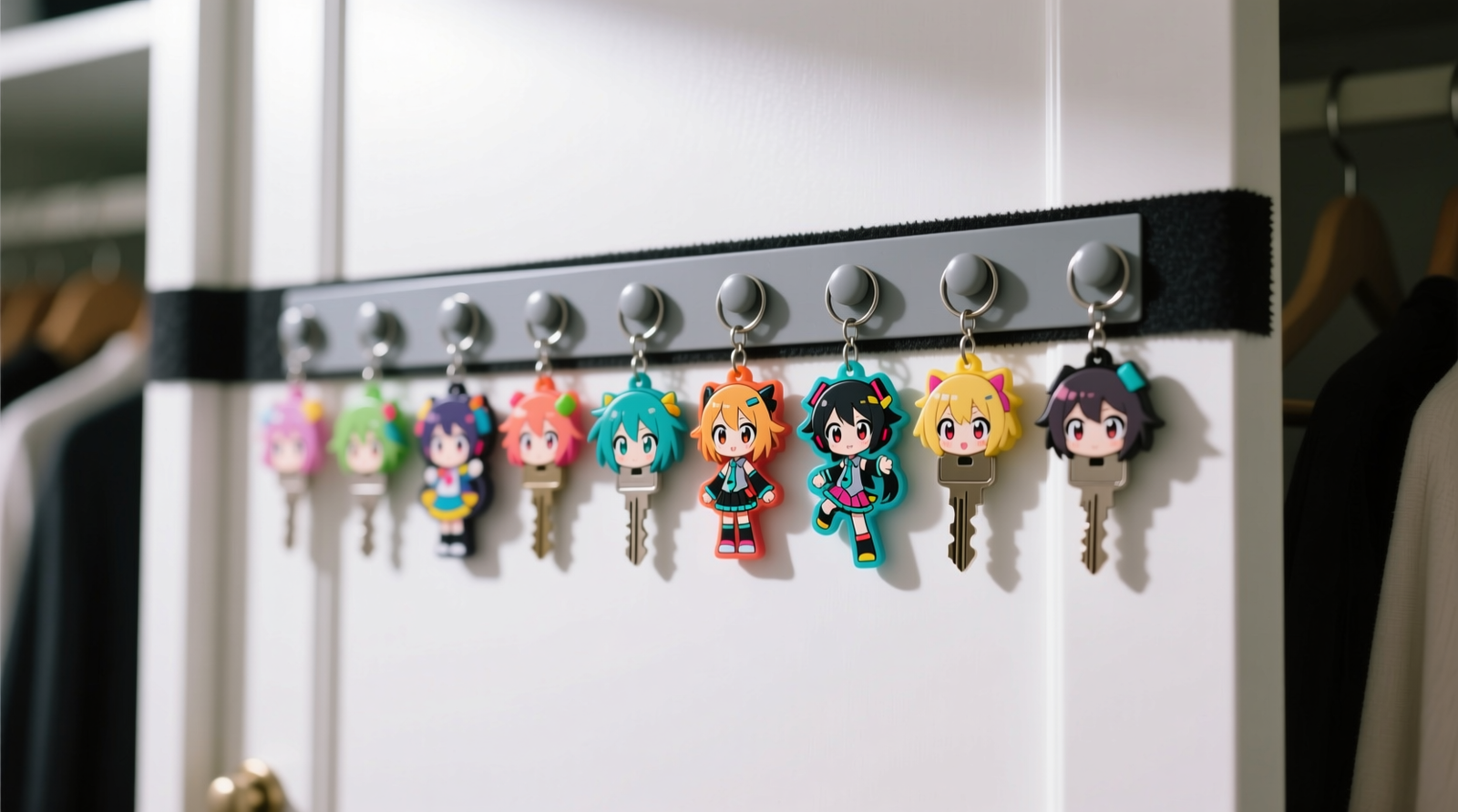 Close-up photo showing anime keychains aligned horizontally on a gray magnetic strip mounted vertically inside a white closet door; thin black felt tape borders the strip’s top and bottom edges; no visible scratches or glare on the door surface