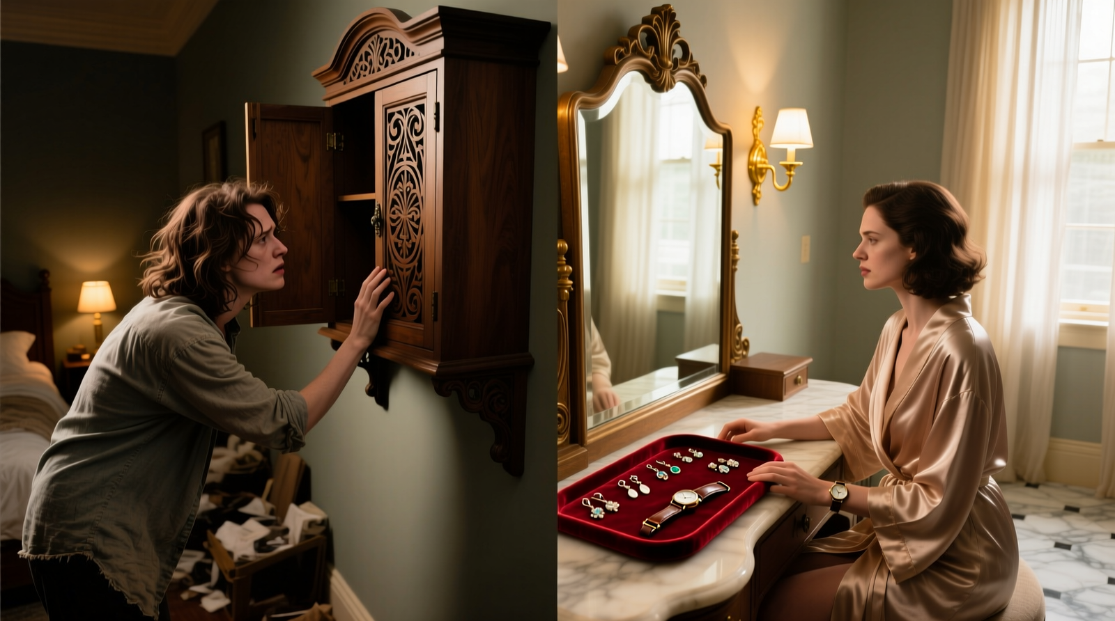 Side-by-side comparison: left shows a leaning person stretching to retrieve a necklace from a wall-mounted hanging cabinet; right shows the same person seated comfortably at a mirrored vanity organizer, hand resting on a velvet tray holding daily-worn earrings and a watch