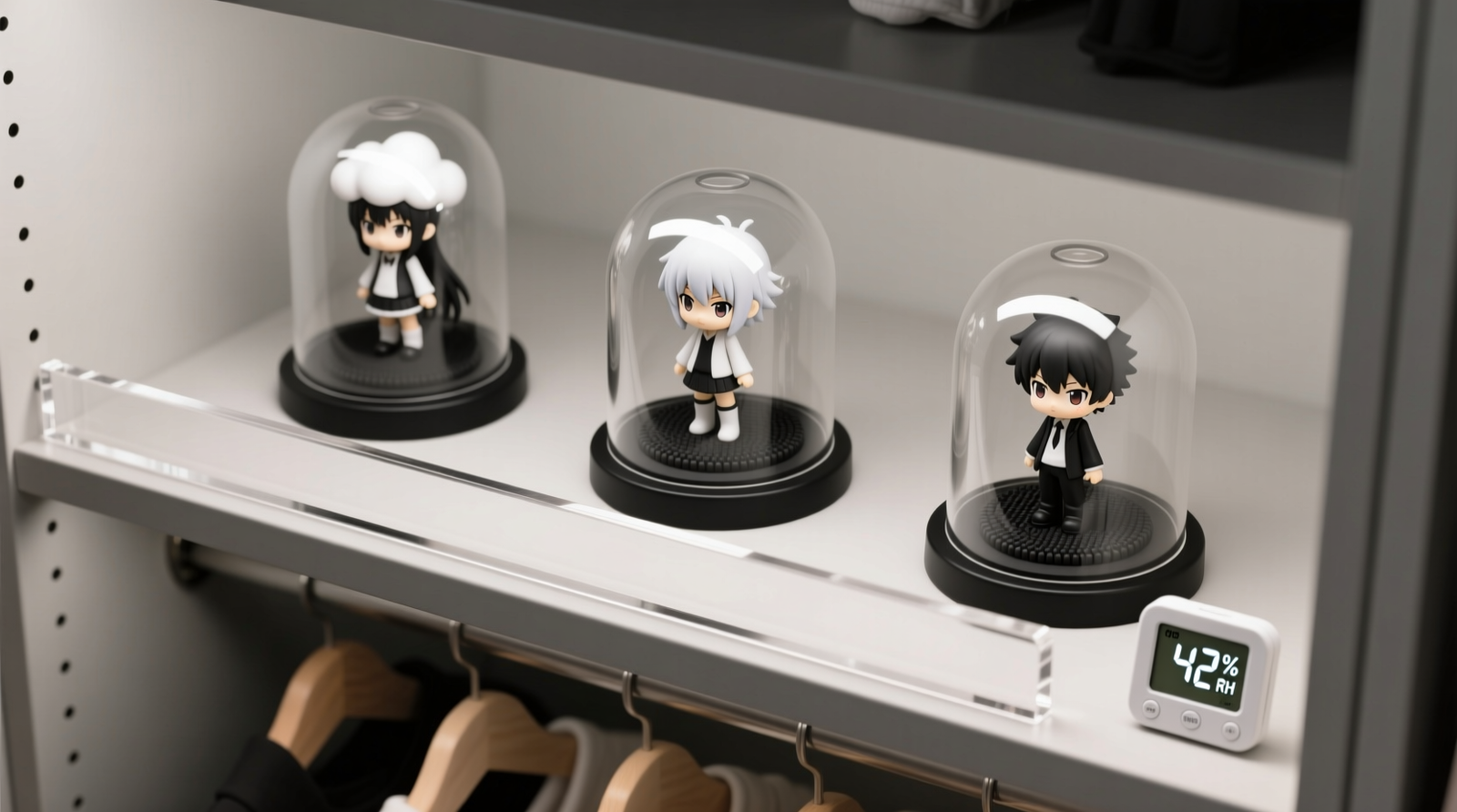 Overhead view of a closet top shelf showing three anime figurines under individual weighted acrylic domes, each resting on black silicone pads; a clear L-shaped acrylic dust barrier runs along the front edge, and a small digital hygrometer reads 42% RH