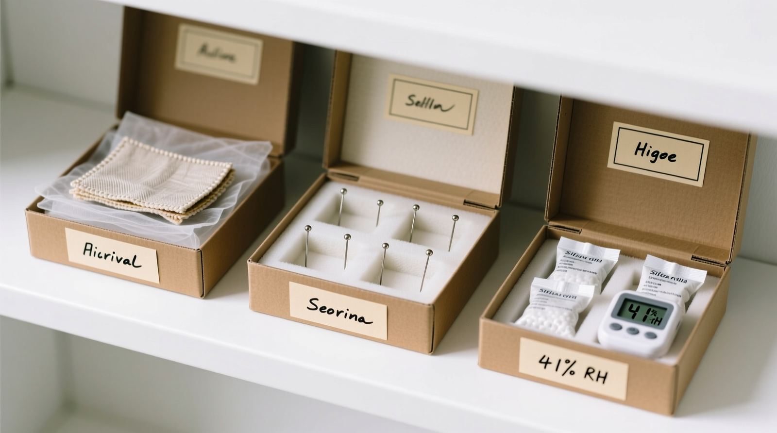 Top-down view of three labeled archival boxes open on a clean white shelf: one holds flat patches sandwiched between muslin layers, another displays pins mounted on padded foam inserts covered with unbleached cotton, and the third shows silica gel packets nestled in corners beside a hygrometer reading 41% RH.