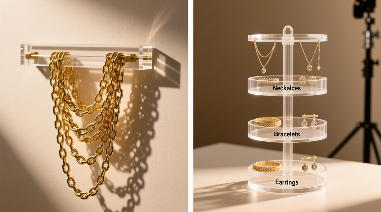 Side-by-side comparison: left shows tangled gold chains on a wall-mounted acrylic hanging strip; right shows the same collection neatly arranged on a 4-tier rotating acrylic tower with labeled sections for necklaces, bracelets, and earrings—each piece fully visible and separated