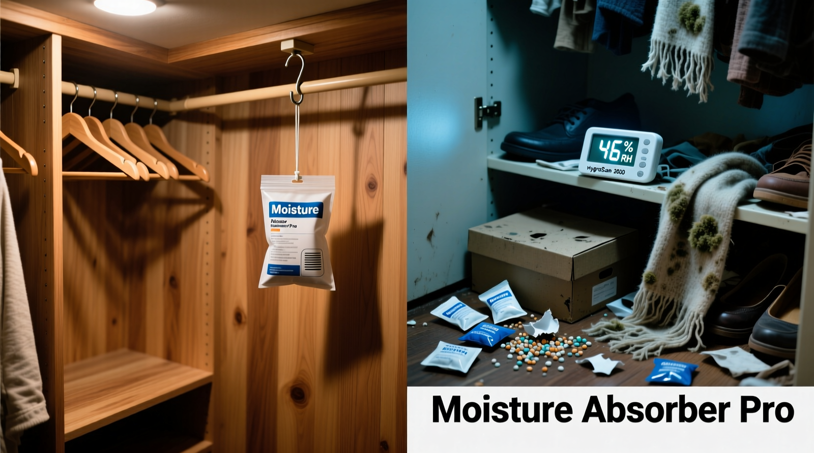 Side-by-side visual showing a neatly organized cedar-lined closet with a single slim dehumidifier bag hanging centrally, next to a compact digital hygrometer reading 46% RH; contrasted with a cluttered closet corner littered with expired silica gel packets and mildewed scarf edges