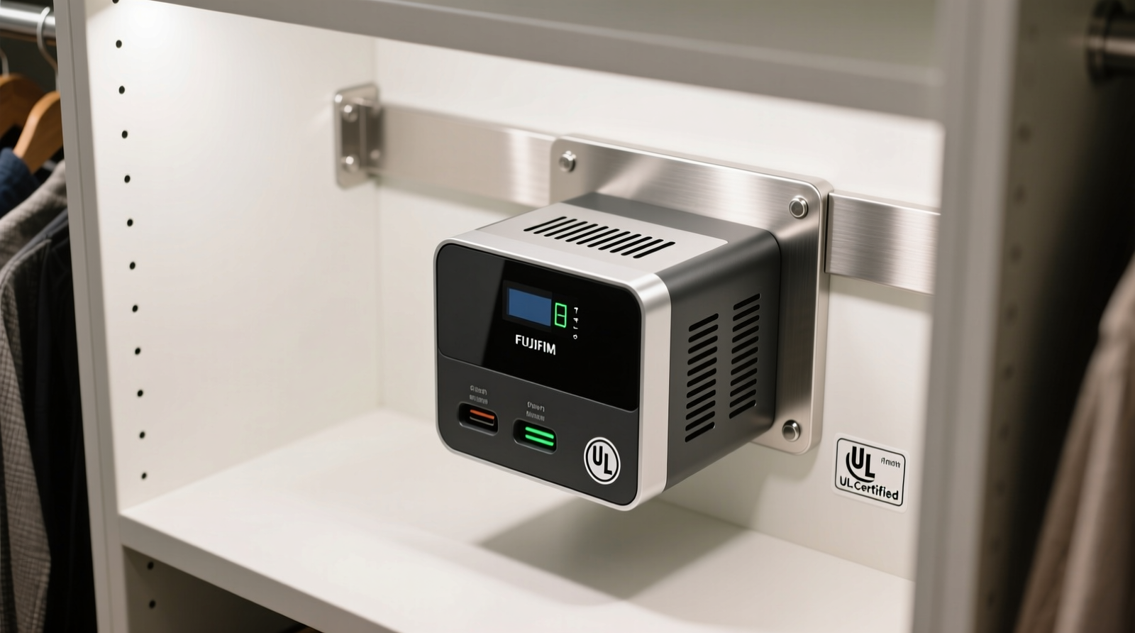 Close-up of a UL-certified portable charging station mounted on a brushed steel bracket inside a well-lit walk-in closet, with visible top and bottom ventilation holes, 6 inches of clear space around all sides, and no fabric or storage within the thermal envelope