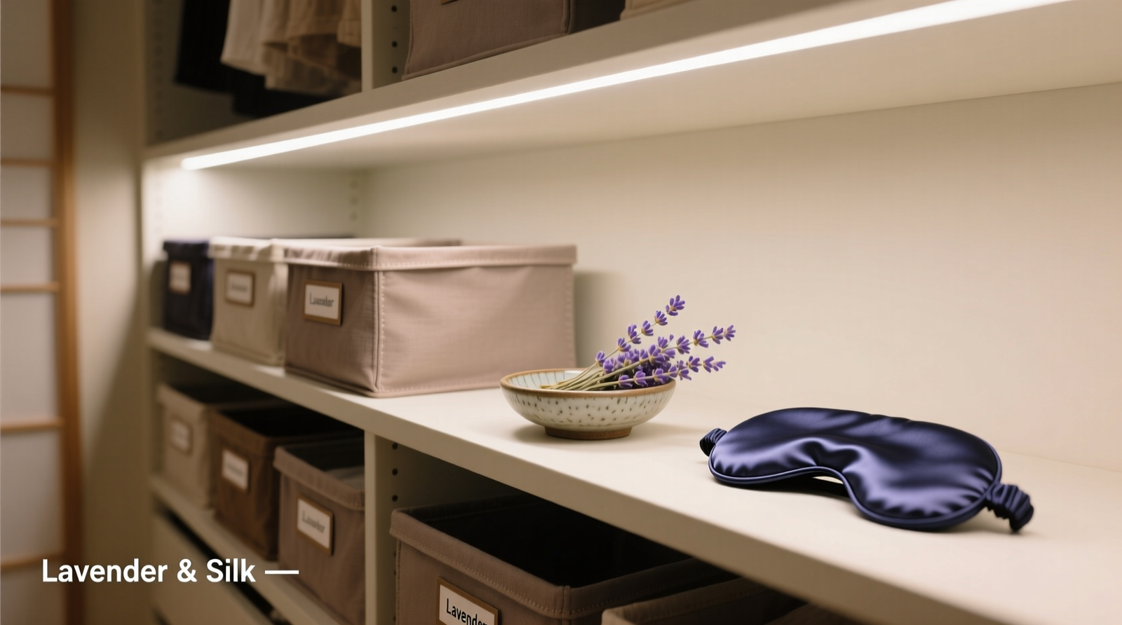 A minimalist closet interior showing labeled fabric bins, soft LED strip along top shelf, and a single open shelf holding a small ceramic dish with dried lavender and a folded silk eye mask