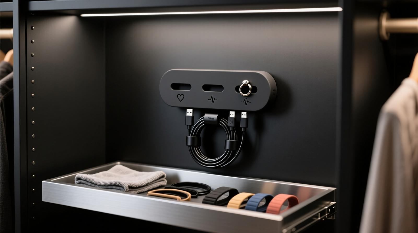 A minimalist closet interior showing a matte-black wall-mounted charging dock with three labeled silicone slots for smart rings, USB-C cables coiled in magnetic wraps beneath, and a shallow drawer below holding microfiber cloths and replacement bands