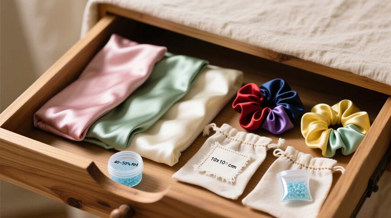 A shallow cedar-free wooden drawer with three folded silk pillowcases and five satin scrunchies nestled in individual cotton garment bags; each bag contains a visible linen square and a small reusable silica gel canister labeled '40–50% RH'