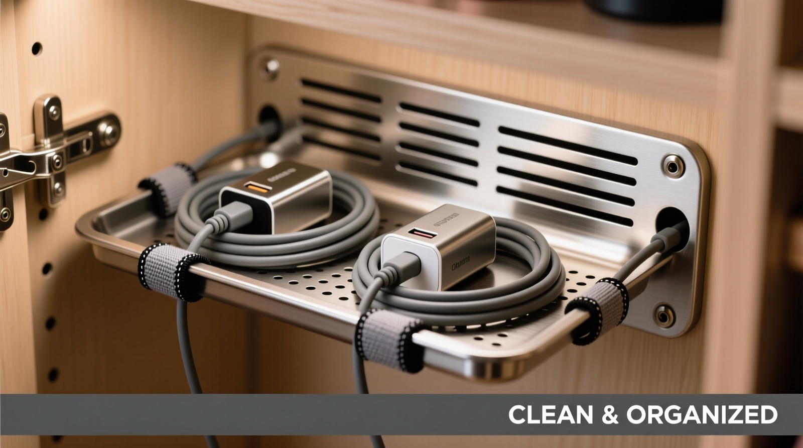 A custom closet interior showing a brushed-metal bracket mounted vertically on the left side panel, holding a compact 4-port charging hub; silicone-sheathed cords run neatly through black flexible conduit into a recessed outlet behind it; no visible plugs, no exposed wires, and 3 inches of clearance between the hub and adjacent hanging garments.