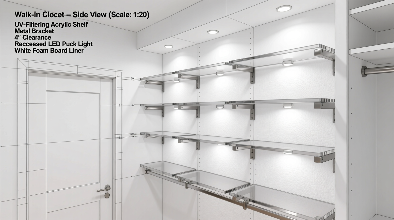 Side-view diagram of a walk-in closet showing staggered UV-filtering acrylic shelves mounted on metal brackets, figures placed with 4-inch clearance from door and walls, white foam board lining rear wall, and recessed LED puck lights positioned beneath each shelf
