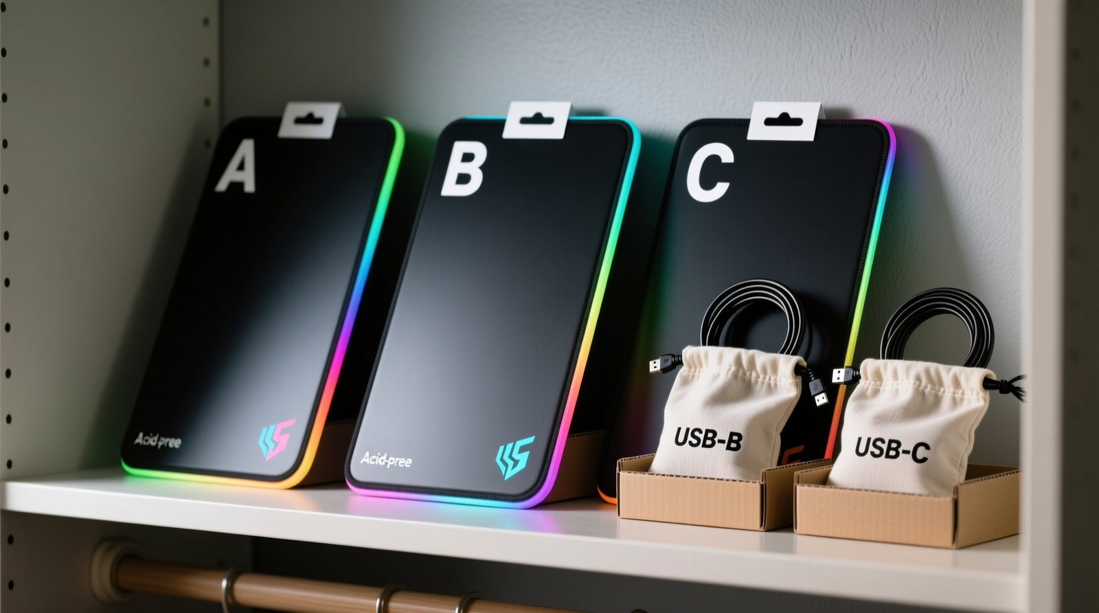 Three RGB mousepads stored upright in a closet shelf with acid-free cardboard spacers, labeled 'A', 'B', 'C'; each pad rests on its long edge with USB cables coiled separately in breathable cotton pouches