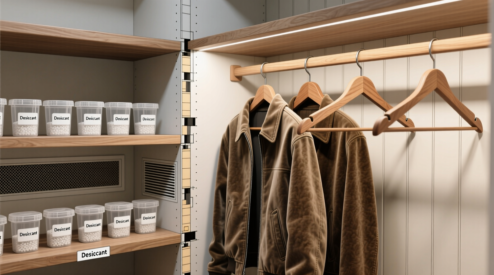 Cross-section diagram showing a closet interior with a passive vent grille mounted low on an exterior wall, silica gel canisters on open shelves, and suede jackets hanging with space between them on cedar hangers
