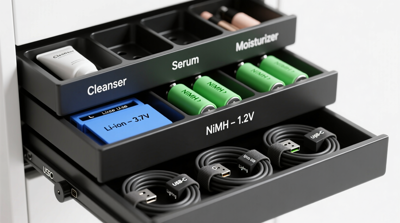 A three-drawer closet organizer with matte black dividers: top drawer holds beauty fridge accessories in labeled silicone slots; middle drawer displays color-coded battery sleeves (blue for Li-ion, green for NiMH); bottom drawer features coiled, Velcro-strapped chargers with embossed port-type labels