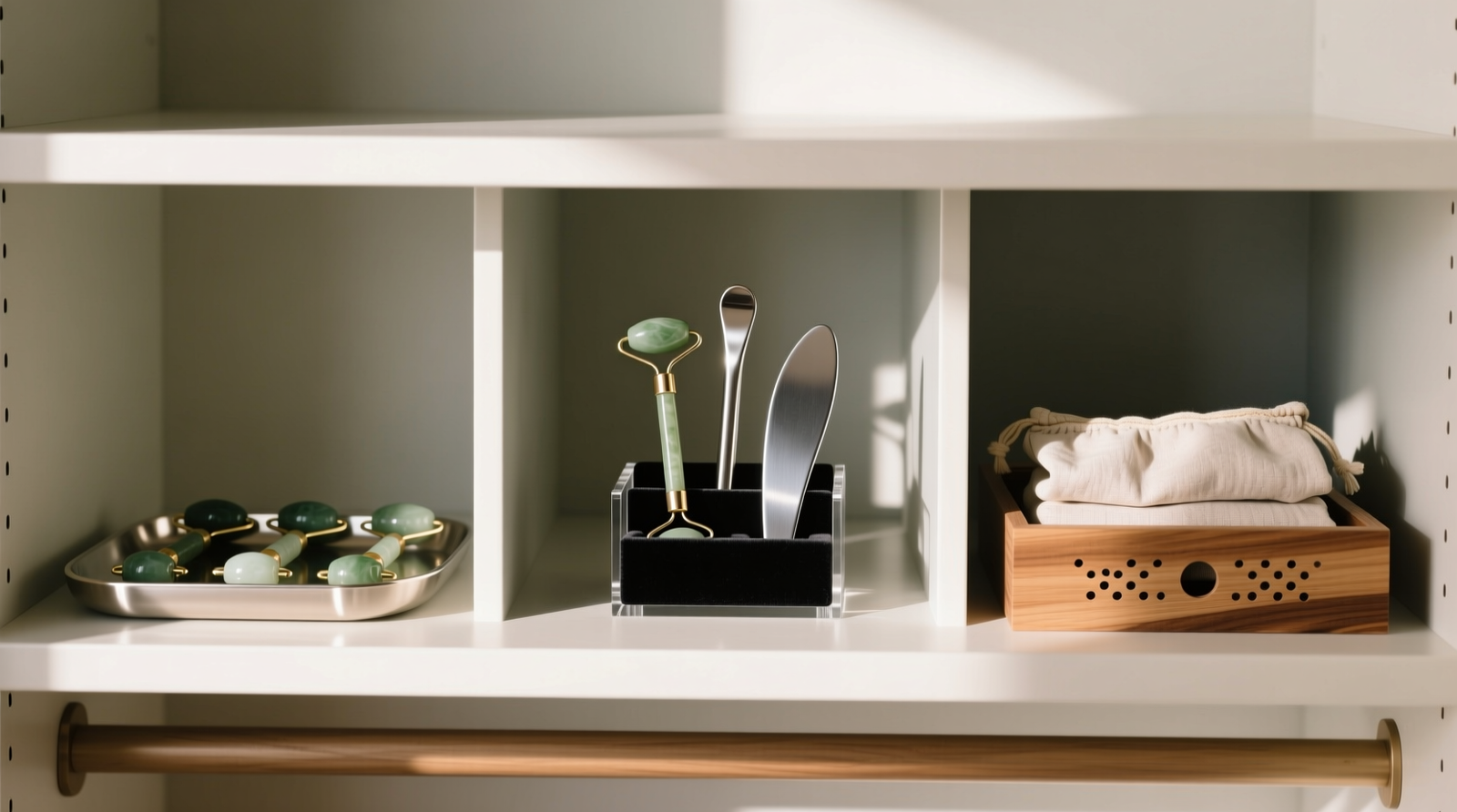 A minimalist closet shelf with three clearly demarcated zones: left section holds jade rollers on a brushed aluminum tray; center shows stainless gua sha tools standing upright in a black velvet-lined acrylic holder; right displays folded linen pouches inside a shallow cedar-lined bin with small ventilation holes