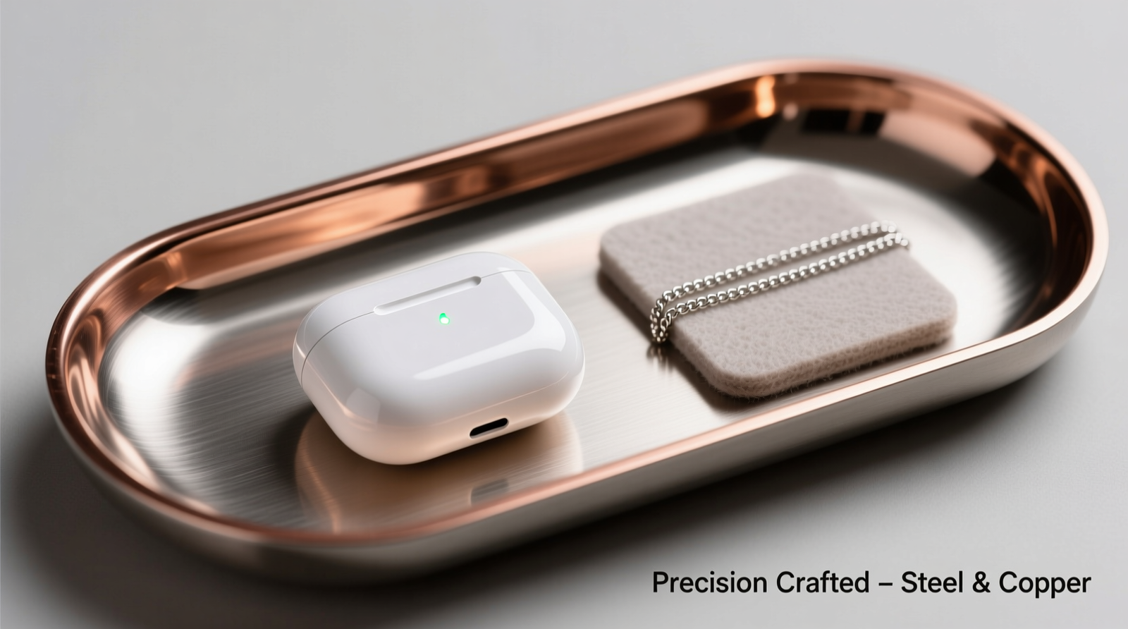 Overhead photo of a brushed steel jewelry tray with copper foil precisely applied to interior base and walls; a white AirPods Pro charging pod sits centered, oriented with LED facing up, next to a single silver chain placed 2.5 inches away on a non-conductive felt pad