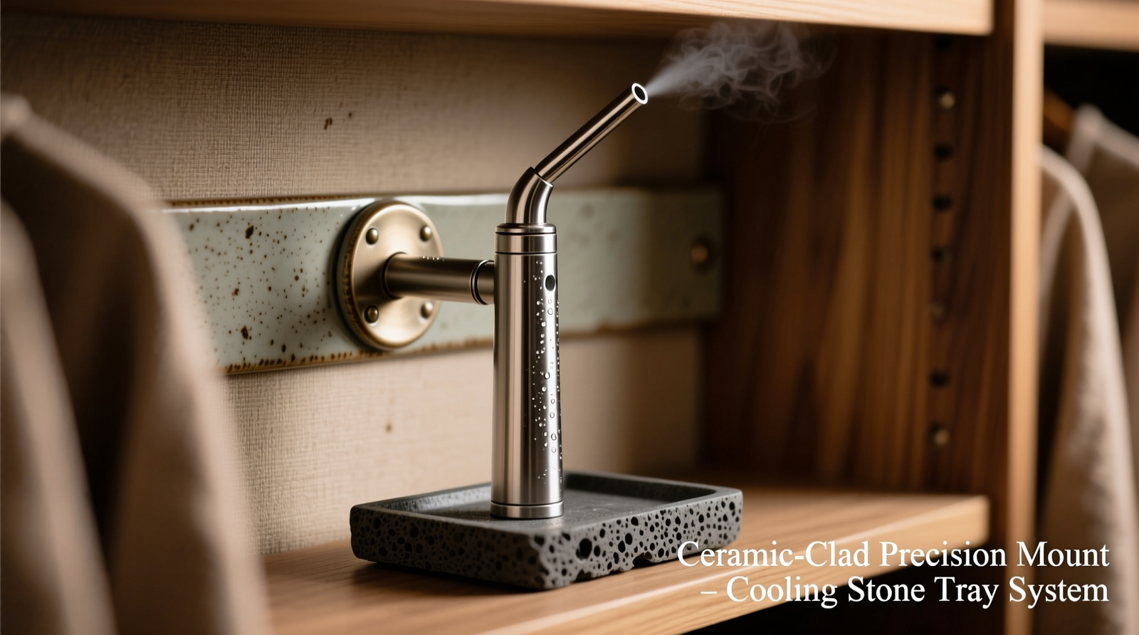 Close-up of ceramic-coated metal wall bracket mounted beside a fabric-lined closet shelf, with a cooled steam wand secured vertically and a small cooling stone tray beneath it