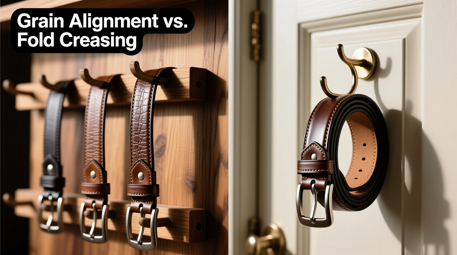 Side-by-side comparison: leather belts hanging vertically on a wooden slotted organizer rack (left) versus twisted and folded over metal looped hooks mounted on a hollow-core interior door (right), with close-up insets showing crisp grain alignment versus visible buckle-fold creasing.