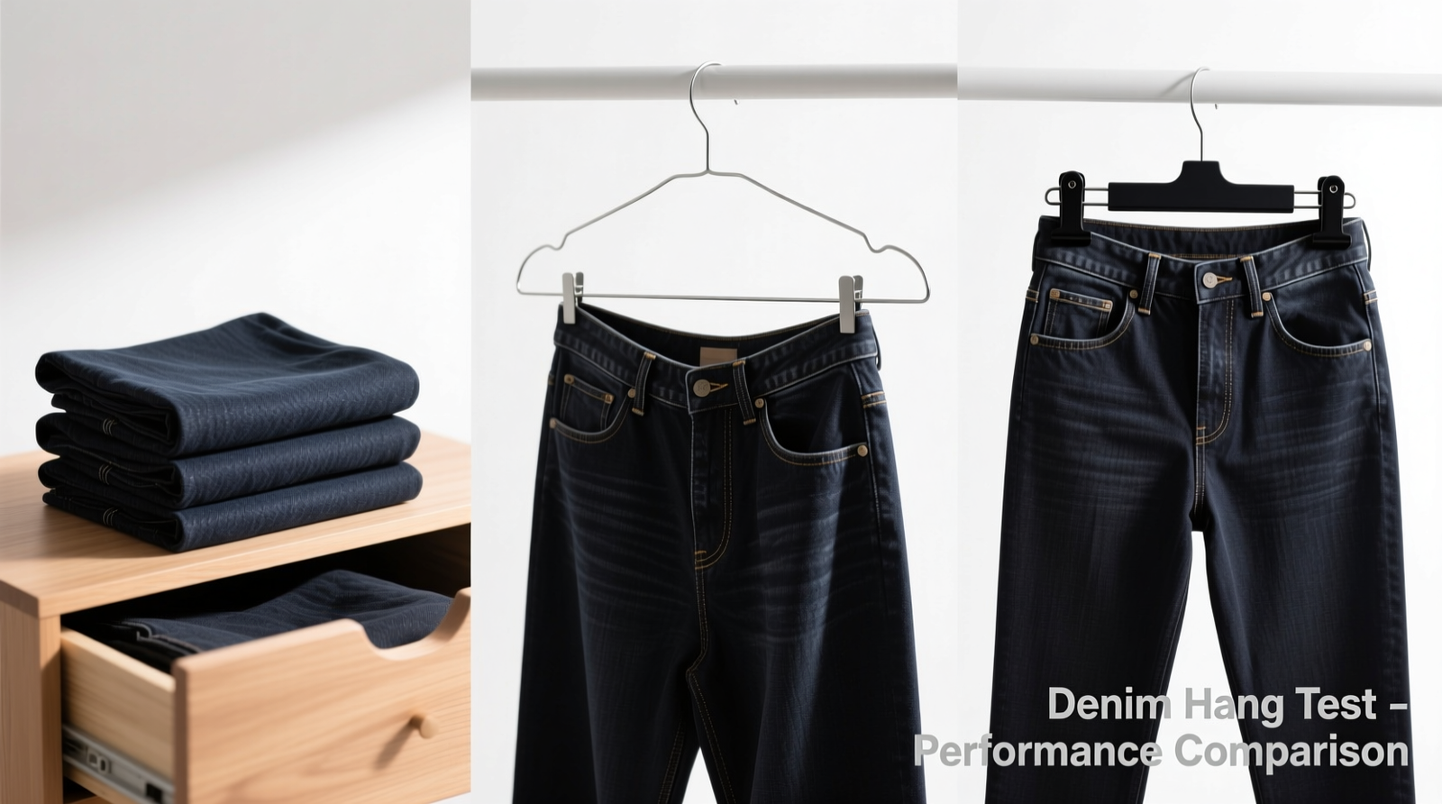 Side-by-side comparison: three pairs of identical dark denim—one folded into thirds in a drawer, one draped over a wire hanger showing visible waistband sag, and one secured with a matte black wide-grip clip showing smooth, taut hang with full front visibility