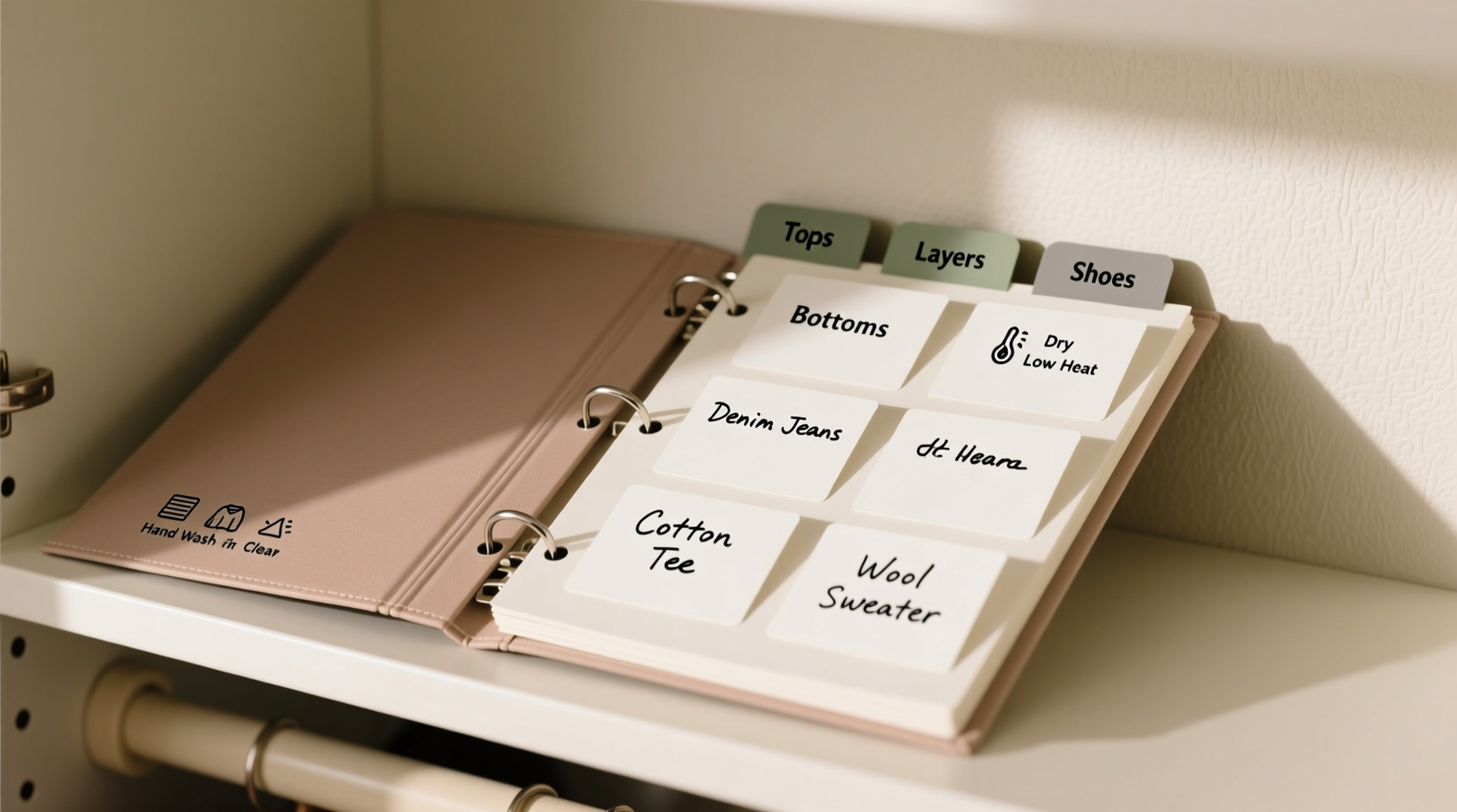 A minimalist 3-ring binder open on a closet shelf, showing four clearly labeled tabs (Tops, Bottoms, Layers, Shoes) and six blank white index cards with handwritten garment names and care icons (e.g., 'Hand Wash', 'Dry Clean')