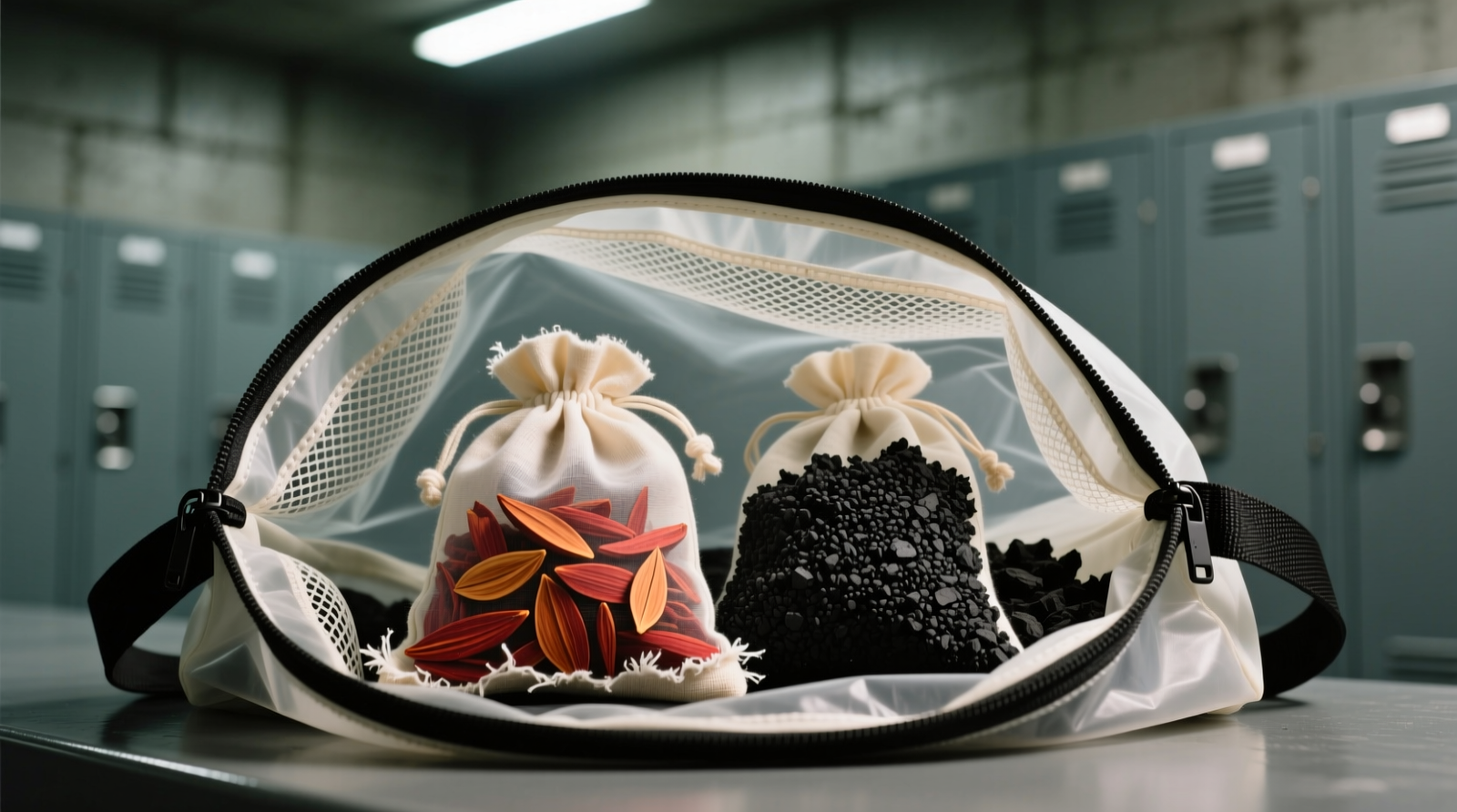 Close-up of a compact activated bamboo charcoal sachet nestled inside an open gym bag with visible recycled PET lining—fabric texture clearly discernible, sachet placed near the base seam where moisture accumulates