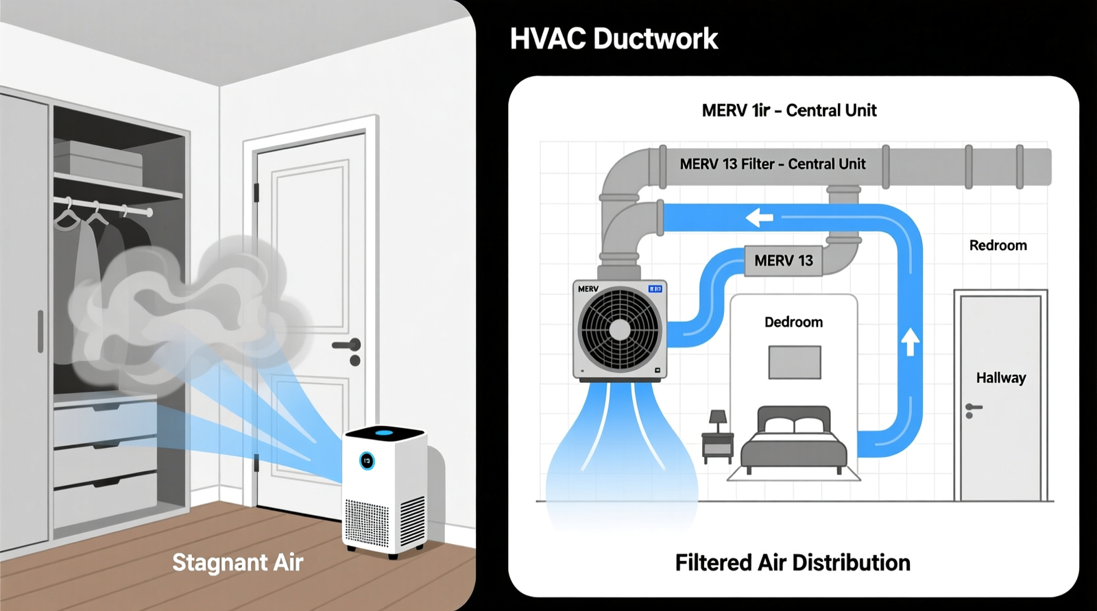 Side-by-side comparison: a cluttered, humid closet with visible lint and dust bunnies versus an organized, dry closet featuring a small HEPA purifier mounted low beside silica gel canisters and cedar-lined shoe boxes