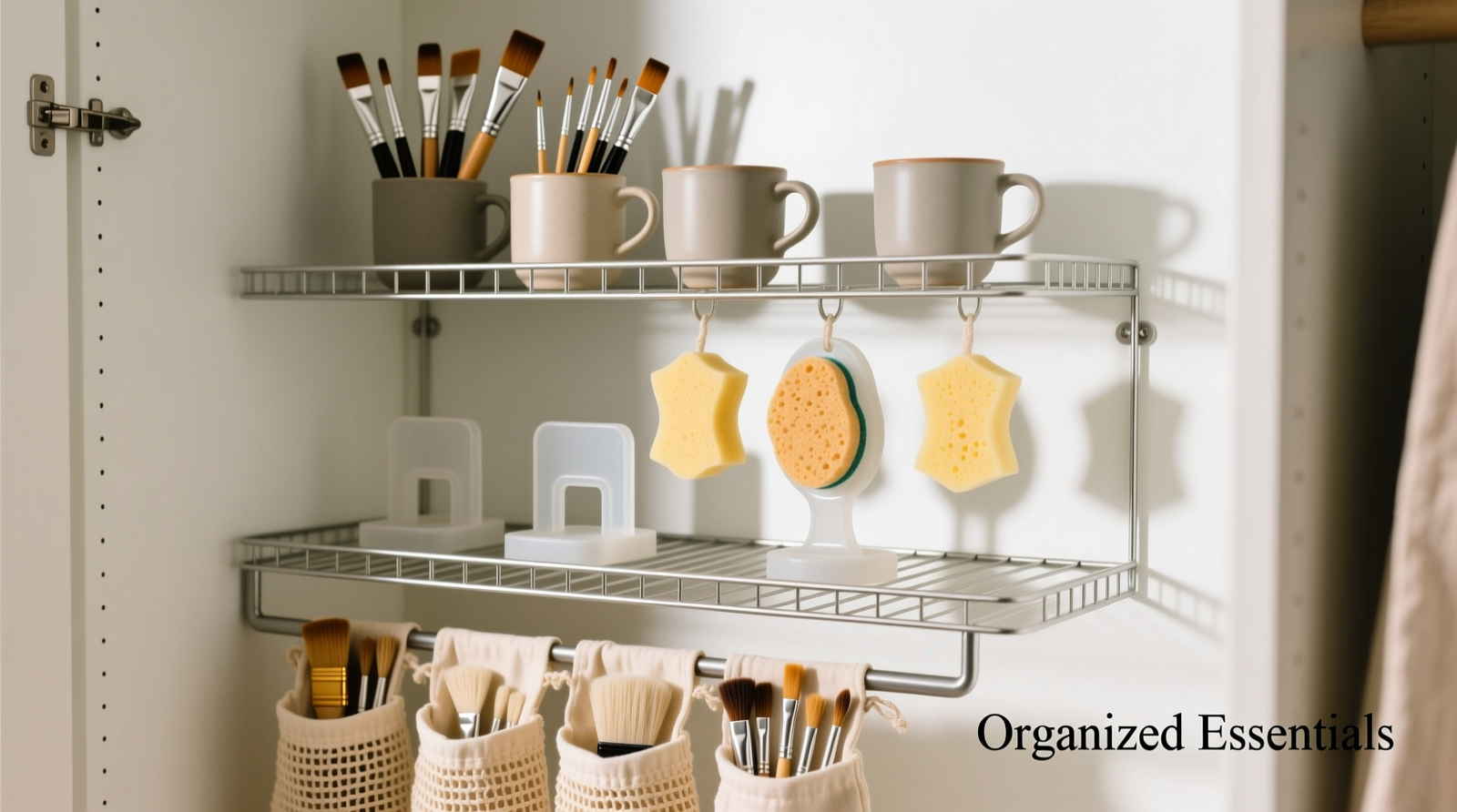 Three-tier closet shelf with labeled ventilated acrylic containers holding makeup brushes upright and beauty sponges standing vertically on silicone drying racks inside each compartment