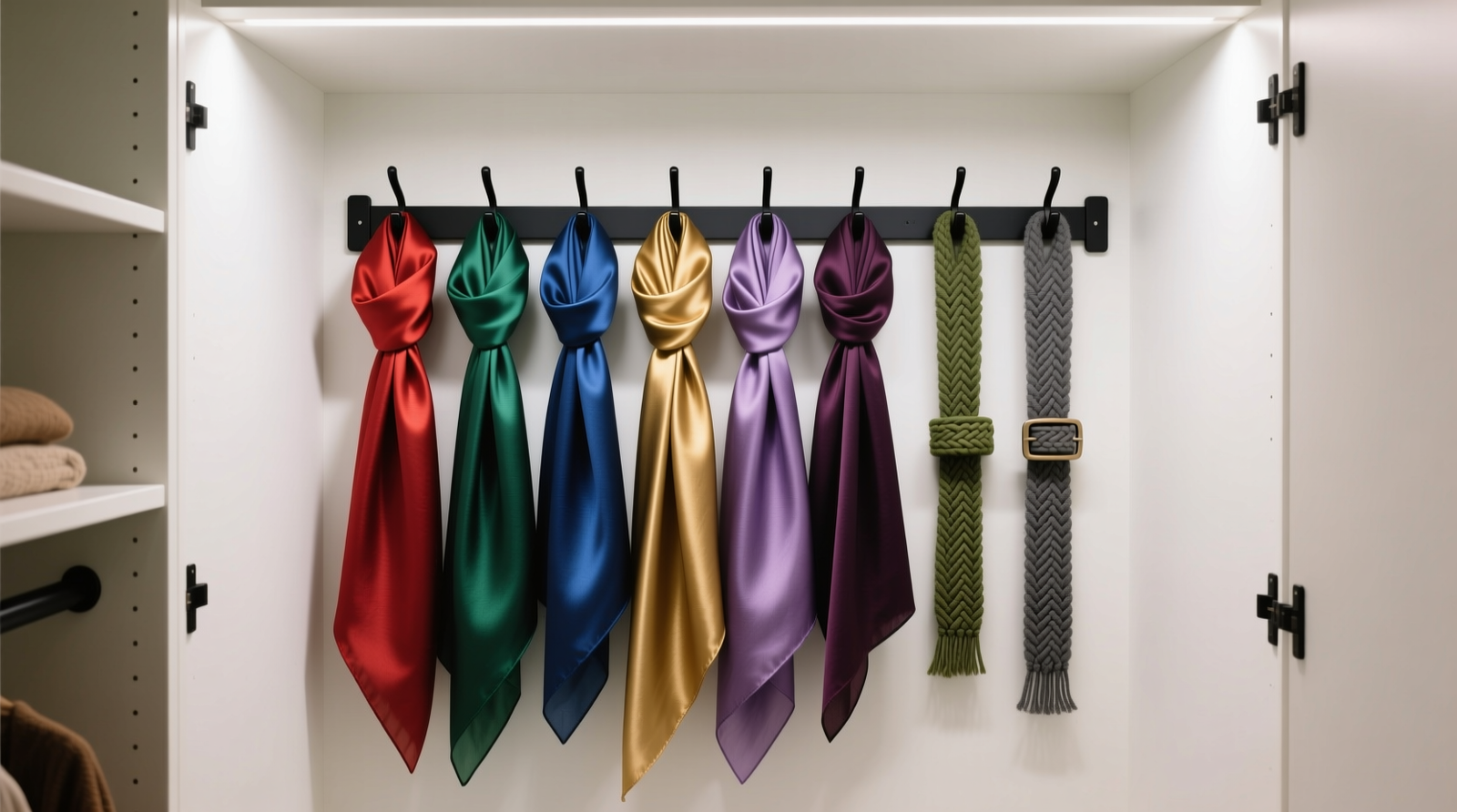 A narrow, 24-inch-deep closet with a wall-mounted pivot hook carousel holding six silk scarves and three woven belts, all fully visible and reachable without stepping into the closet