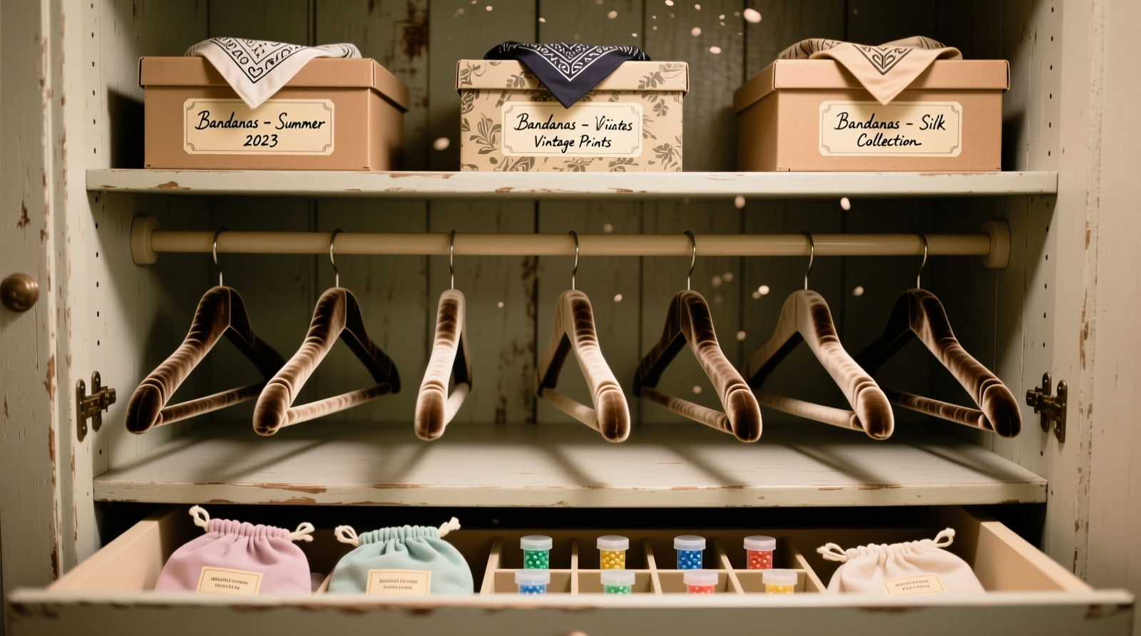 A minimalist walk-in closet with soft-close upper shelves featuring brass-mounted velvet hangers holding leather collars and folded linen bandanas arranged upright in clear acrylic trays labeled 'Spring,' 'Summer,' and 'Holiday'