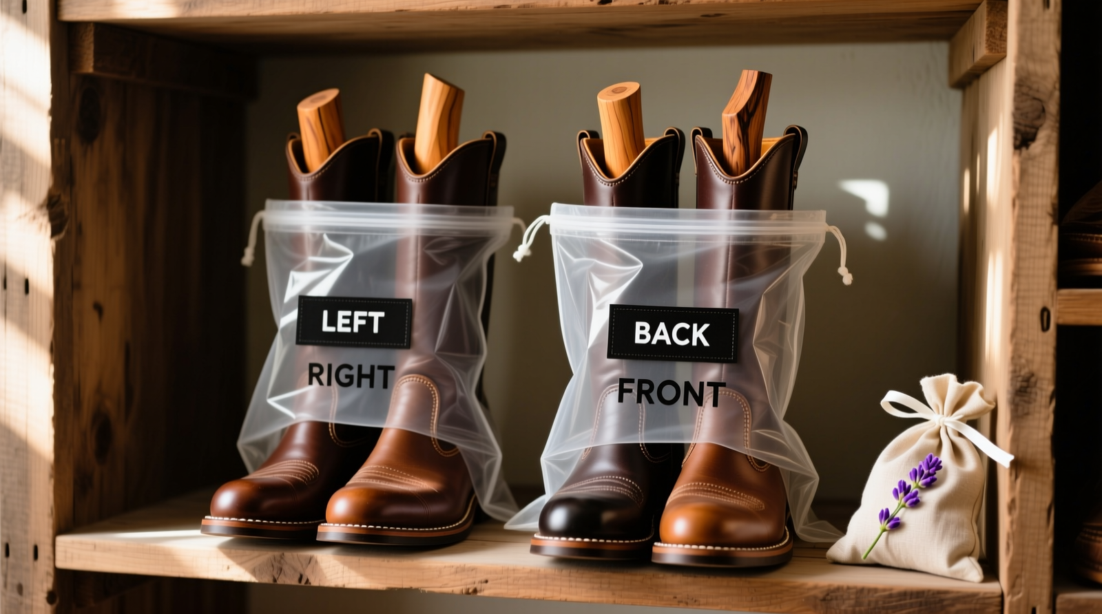 Two pairs of tall leather boots standing upright inside labeled cotton garment bags on an open wooden shelf; cedar shoe trees visible protruding slightly from tops; small lavender sachet placed nearby