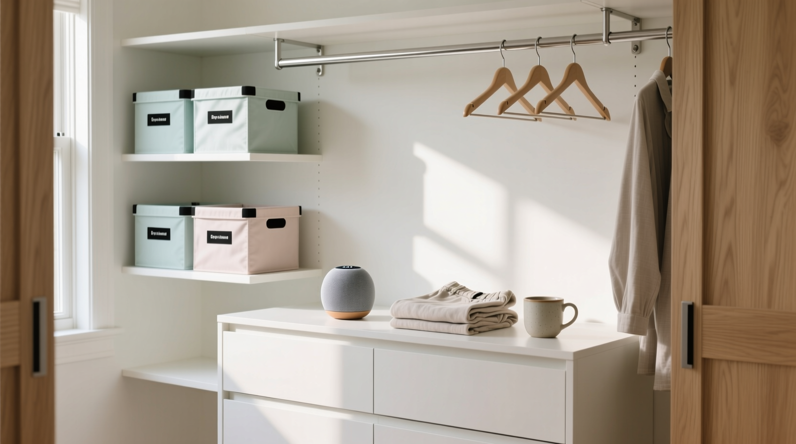 A minimalist, light-filled closet with labeled bins, visible hangers, and a small Bluetooth speaker placed neatly on a white oak dresser beside folded linen pants and a ceramic mug—no wires visible, no hardware mounted on doors.