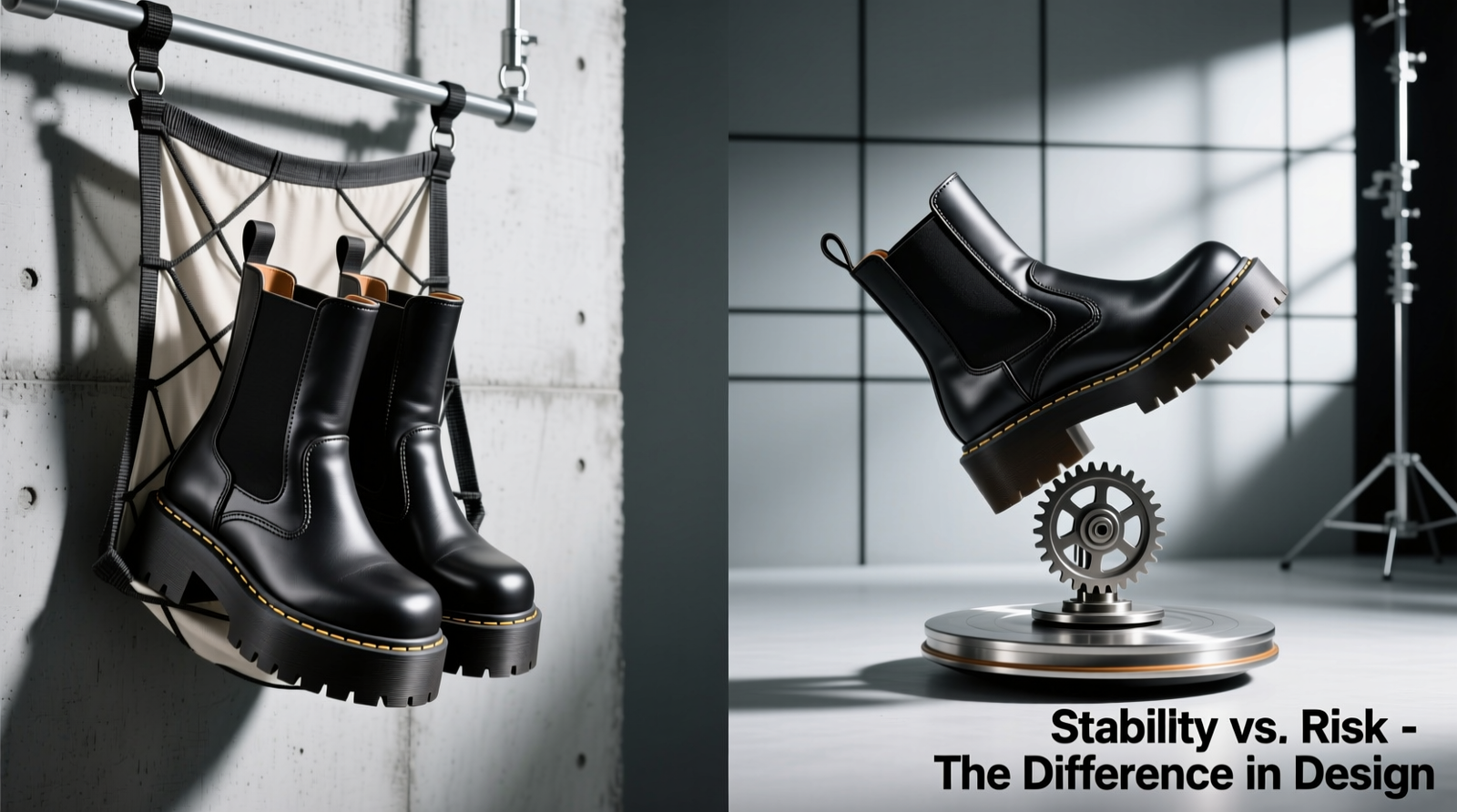 Side-by-side comparison showing chunky platform boots securely suspended upright in a reinforced fabric hanging organizer versus precariously balanced sideways on a wobbling rotating carousel base