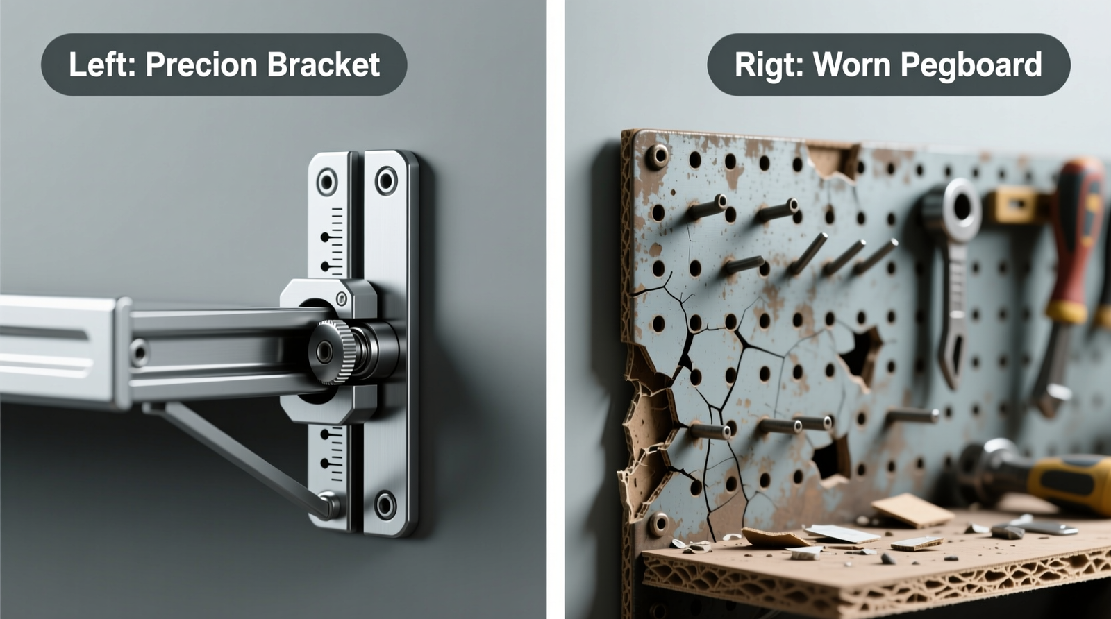 Side-by-side comparison: left shows adjustable metal shelf bracket with sliding cam-lock mechanism and marked vertical stud alignment; right shows worn pegboard with clustered, mismatched holes and cracked fiberboard edges