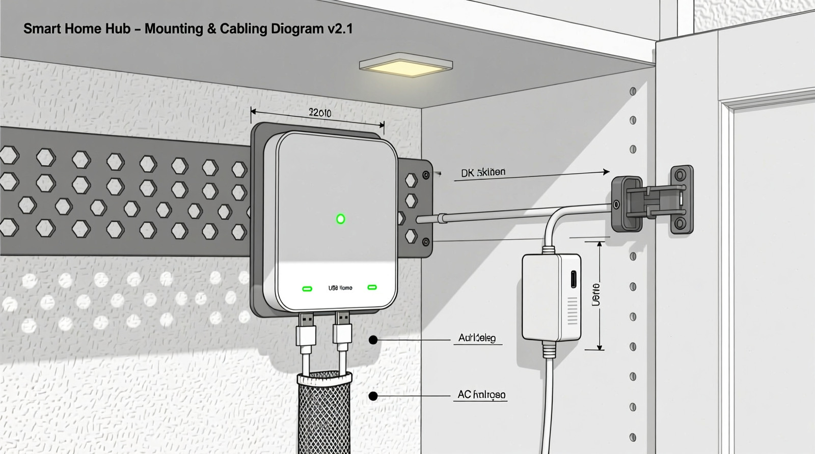 A well-organized closet interior showing a ventilated metal cable box mounted on the side panel, with labeled, uncoiled cables exiting through a grommeted hole into a nearby dresser drawer; no power bricks or adapters visible inside the closet