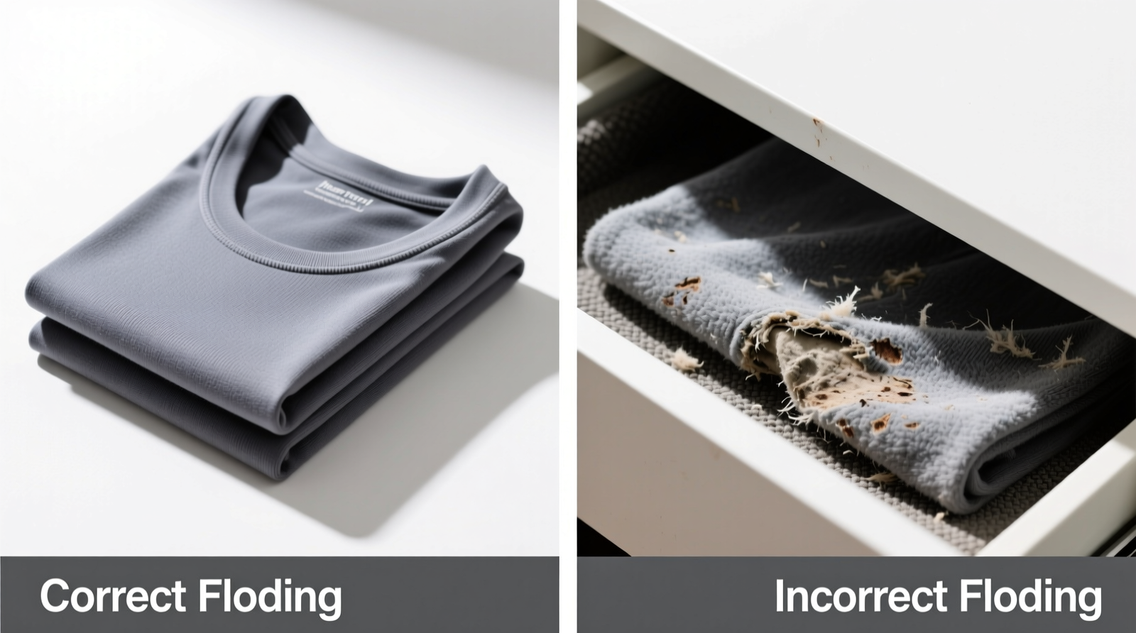 Side-by-side comparison: correctly folded thermal base layer with interior-facing brushed side (left) versus incorrectly folded with exposed brushed surface pressed against rough drawer liner (right)