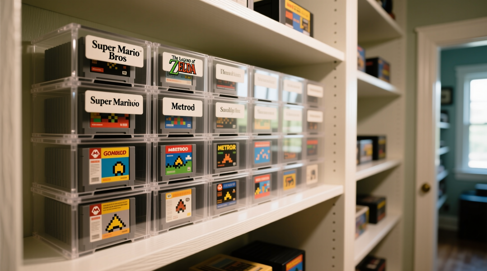 A well-lit closet section showing vertically aligned retro game cartridges in clear, labeled acrylic drawers mounted on white-painted wall shelving; each drawer holds 12–16 cartridges upright with visible labels, no overlapping or crowding