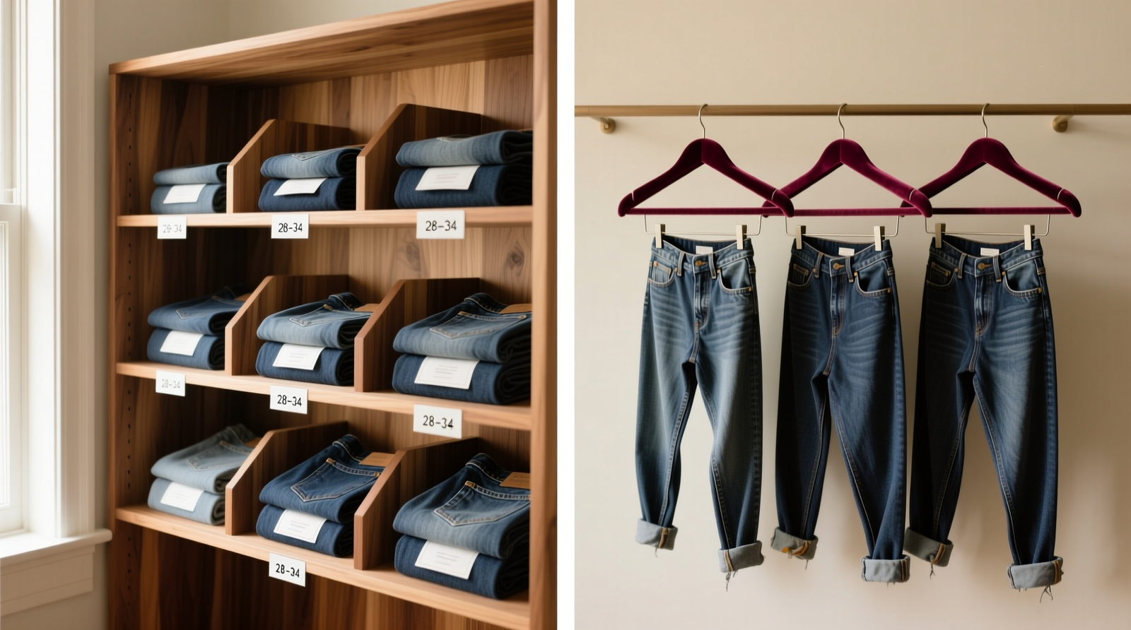 Side-by-side photo: left shows five pairs of identical raw denim folded vertically using the file-fold method on a cedar-lined shelf with labeled dividers; right shows same jeans hung on slim velvet hangers, visibly sagging at the knees and twisted at the hem