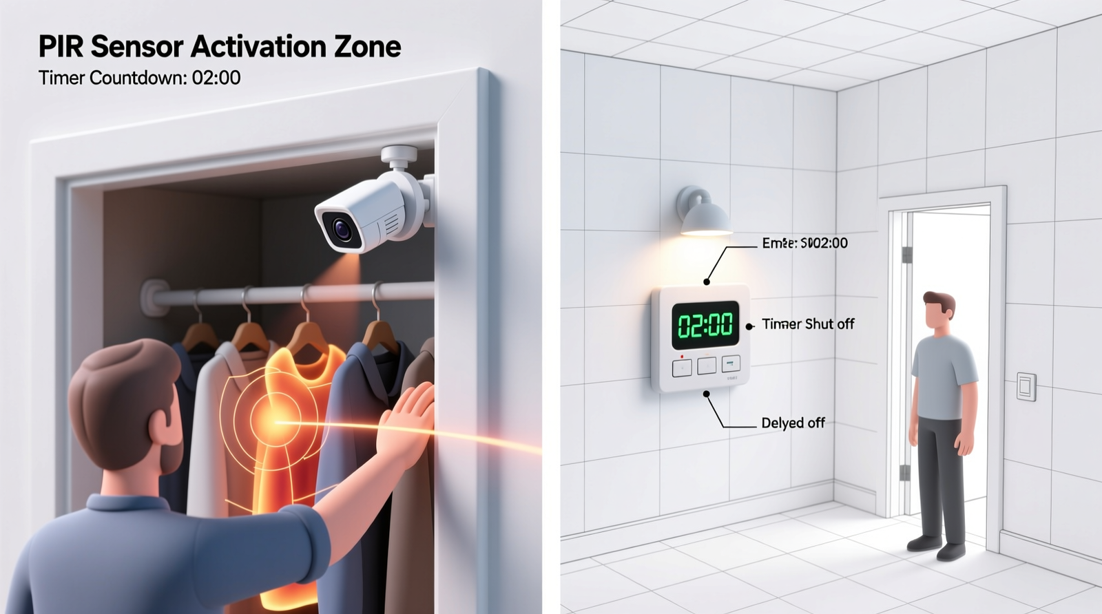 Side-by-side diagram showing a PIR motion sensor mounted high on a closet door frame, detecting arm movement toward hanging clothes, versus a wall-mounted timer switch with its display blinking '02:00' as a person exits—light still on