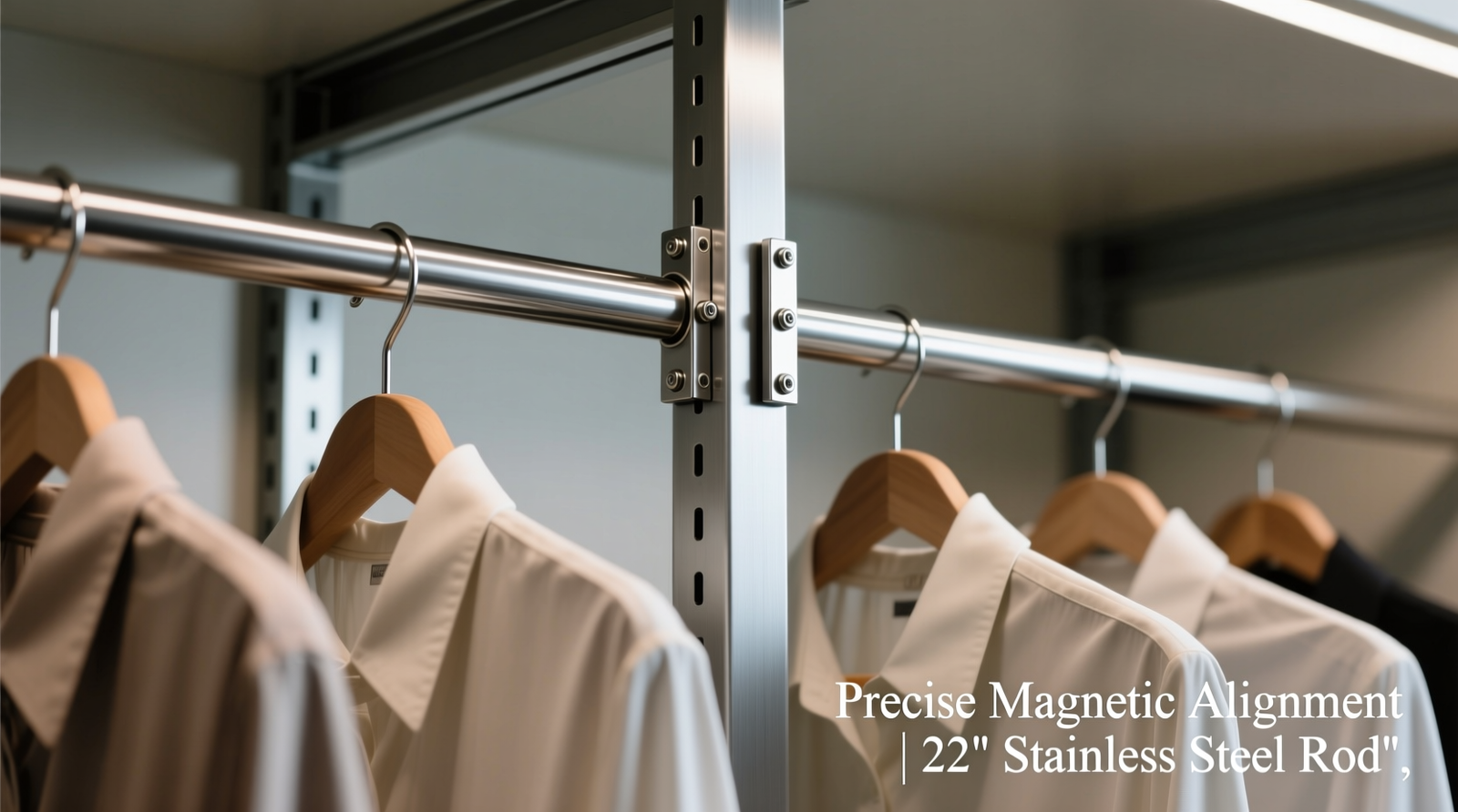 Close-up photo showing dual magnetic rod brackets precisely aligned on exposed steel closet stud, with lightweight blouses evenly hung and no visible bowing in the 22-inch stainless steel rod