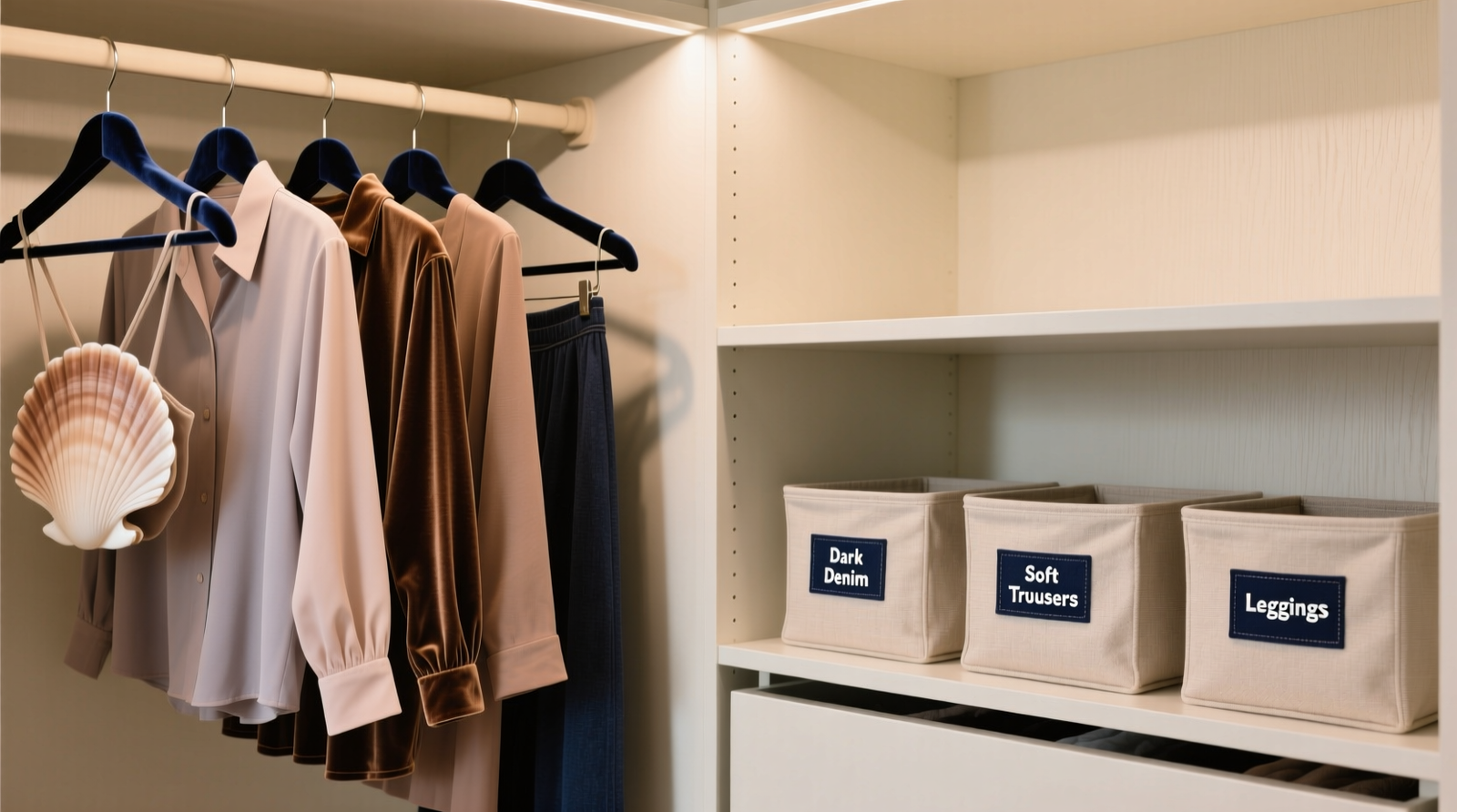 A narrow reach-in closet divided into three clearly labeled vertical sections: Top Third with crisp white and navy button-downs on slim velvet hangers; Middle Third with folded charcoal joggers and olive linen trousers on open oak shelves; Bottom Third with hybrid pieces including tailored shorts and knit blazers on angled hangers. No visible clutter, no overlapping garments.