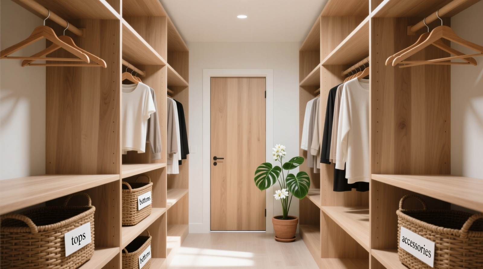 A minimalist walk-in closet with light-toned wood shelves, uniform wooden hangers, labeled woven baskets on lower shelves, and a small potted peace lily placed beside the doorframe—no visible clutter, all garments facing forward and spaced evenly