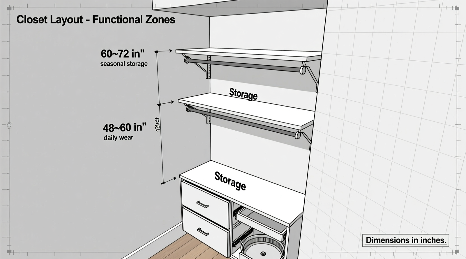 Side-view schematic of a narrow closet showing dual-tier pull-down rods anchored to ceiling joists, with labeled height zones (48–60 in daily wear, 60–72 in seasonal), shallow 12-inch shelves above, and floor-level soft-close drawers—no carousel visible