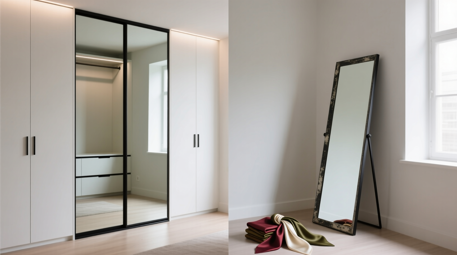 Side-by-side studio closet: left shows sleek, full-height mirrored sliding doors seamlessly integrated into white cabinetry; right shows a tall freestanding leaning mirror angled against a wall, with visible floor space blocked and a small pile of folded scarves at its base
