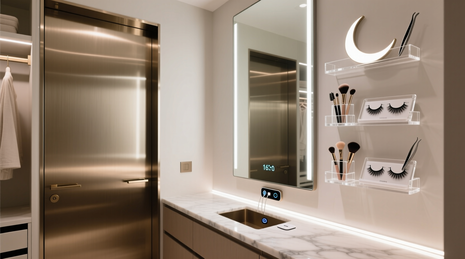 A 16-inch-deep closet transformed into a beauty command center: mirrored LED door open to reveal a brushed-nickel charging dock mounted inside, three-tier acrylic brush holders along left wall, magnetic lash trays adhered to mirror surface, and soft-white LED strip illuminating a marble-effect countertop